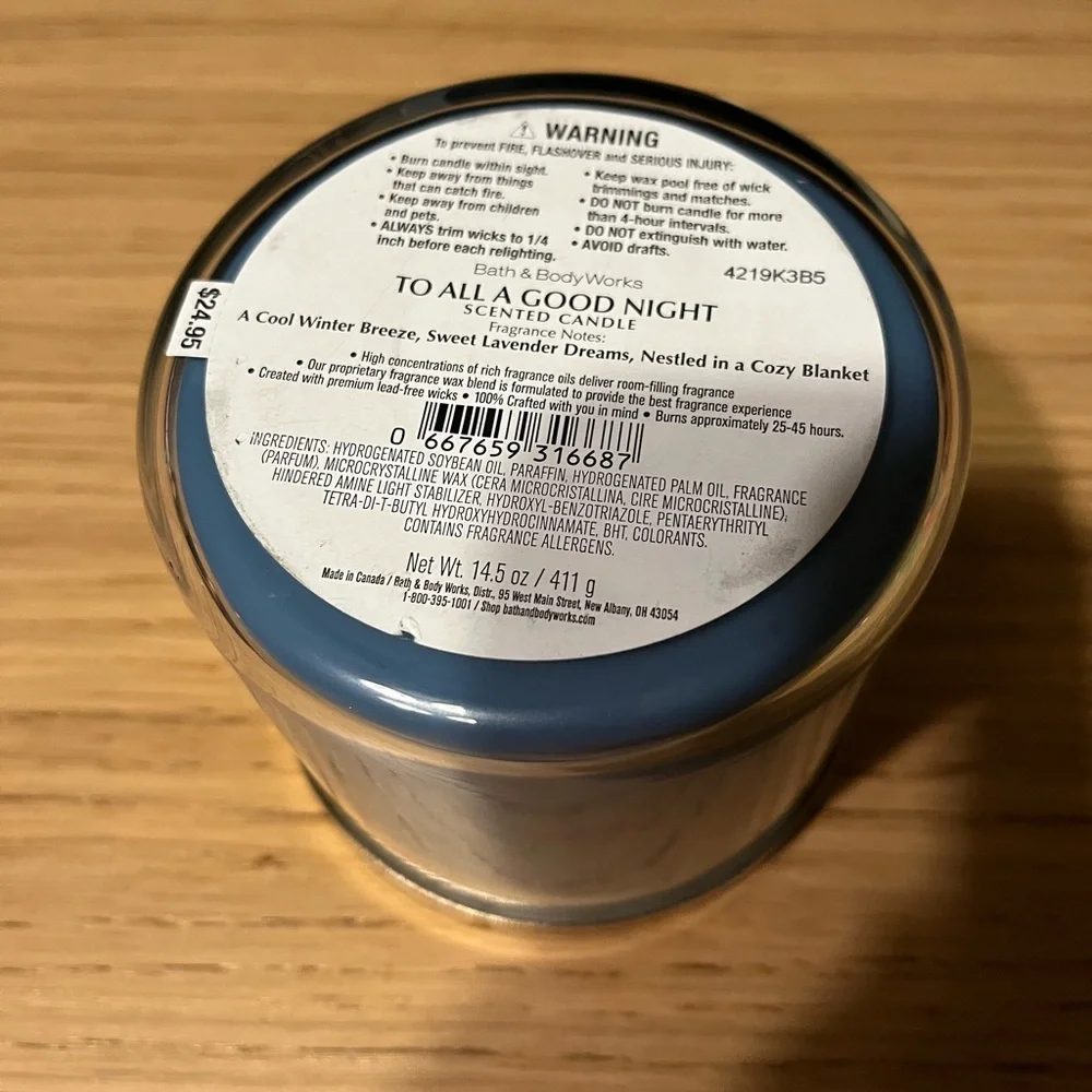 Bath & Body Works 3 Wick Candle. To All A Good Night.